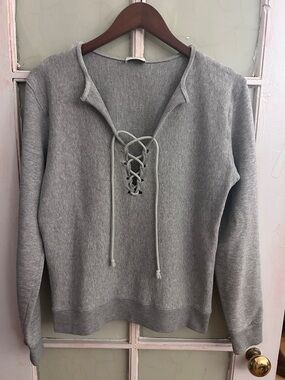 Saint Laurent Paris Gray Lace-Up V-Neck Sweatshirt